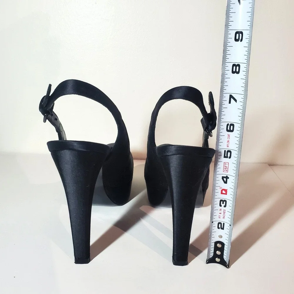 Stewart Weitzman Black Satin Sling-back‎ Pumps Size 9M Rounded Toe